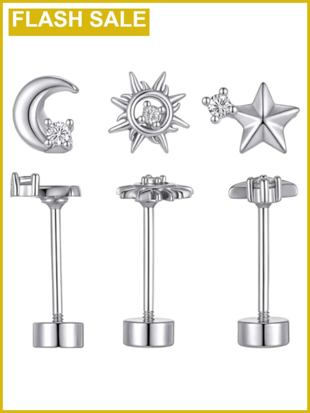 Flat Back Star Moon Sun Earrings for Cartilage Tragus Helix Sterling Silver